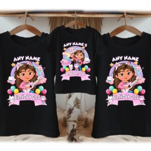 Personalized Custom Birthday Gabby's Dollhouse Family Black T-Shirts
