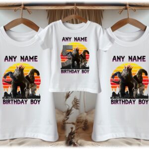 Personalized Custom Birthday Godzilla and Kong Family White T-Shirts