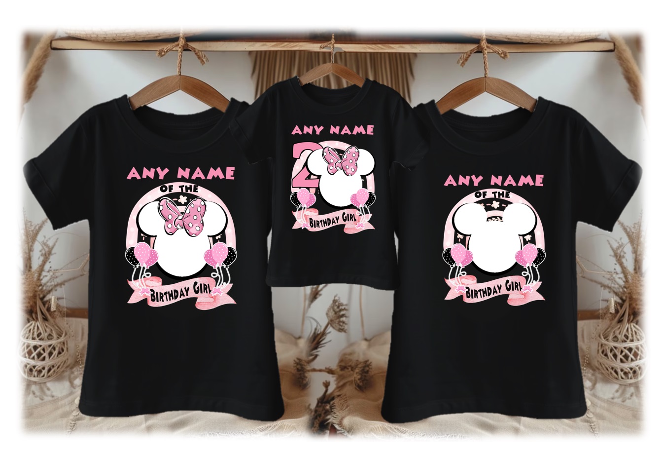 Personalized Custom Birthday Minnie Mouse Face Silhouette Family Black T-Shirts