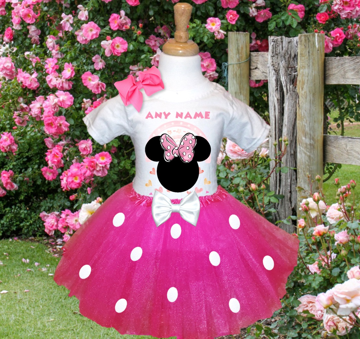Personalized Custom Name Minnie Mouse Face Silhouette Hot Pink 3 Layer White Polka Dot Tutu Outfit Dress Set