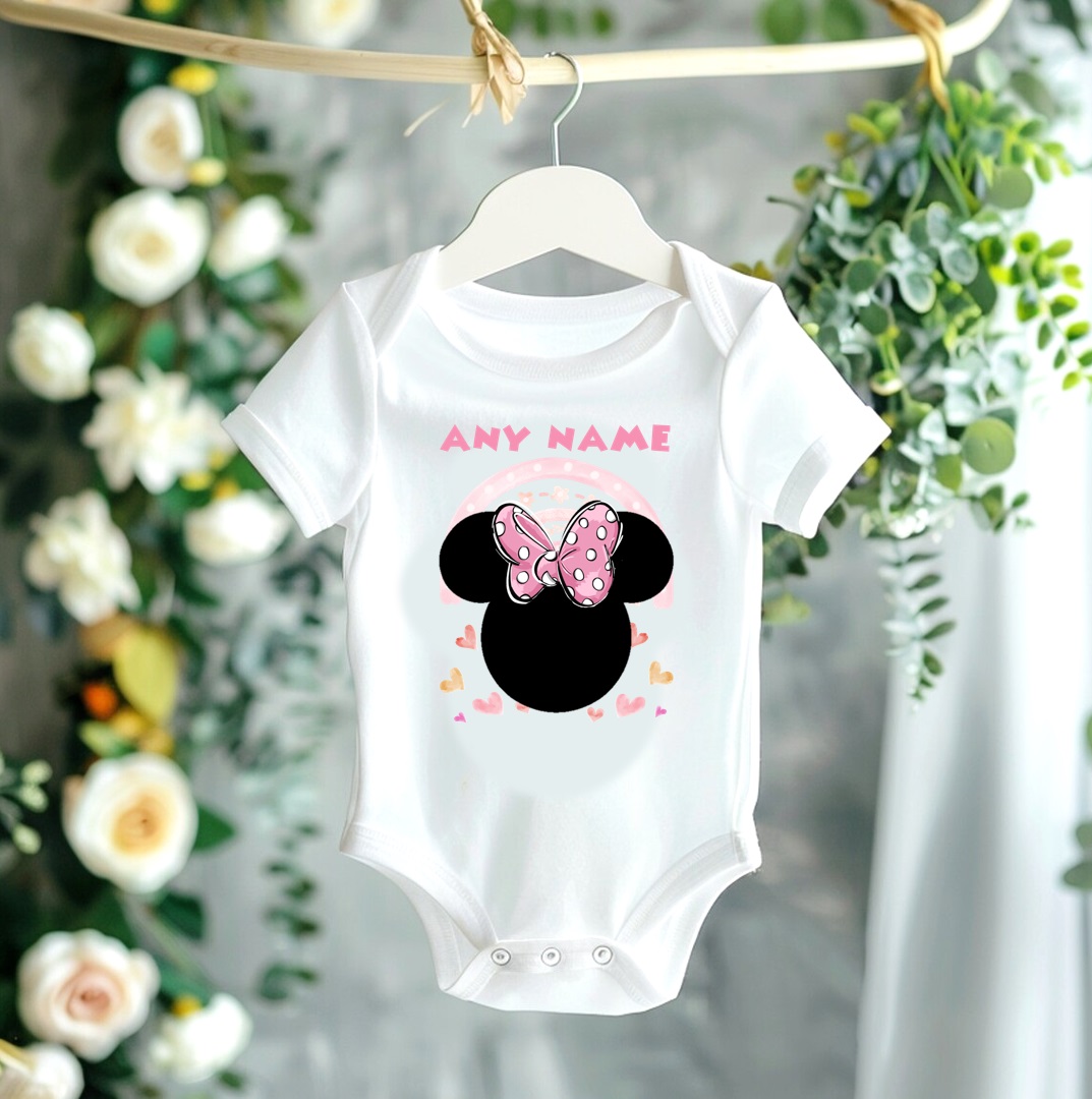 Personalized Custom Name Minnie Mouse Face Silhouette Hot Pink 3 Layer White Polka Dot Tutu Outfit Dress Set - Image 2