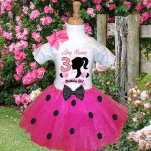 All Sizes Personalized Custom Birthday Barbie Face Silhouette Hot Pink 3 Layer Black Polka Dot Tutu Outfit Dress Set