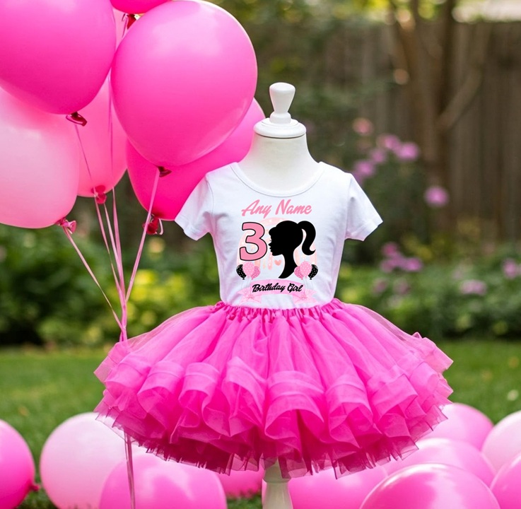 All Sizes Personalized Custom Birthday Barbie Face Silhouette Hot Pink Boutique Tutu Outfit Dress Set