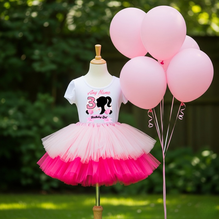 All Sizes Personalized Custom Birthday Barbie Face Silhouette Hot Pink Light Pink Double Boutique Tutu Outfit Dress Set - Image 2