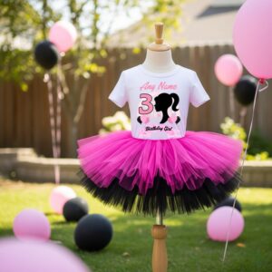 All Sizes Personalized Custom Birthday Barbie Face Silhouette Hot Pink Black Double Boutique Tutu Outfit Dress Set