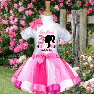 All Sizes Personalized Custom Birthday Barbie Face Silhouette Pink White Ribbon Tutu Outfit Dress Set