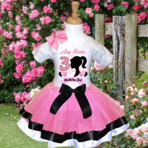 All Sizes Personalized Custom Birthday Barbie Face Silhouette Light Pink Black White Double Ribbon Trim Tutu Outfit Dress Set