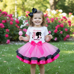 All Sizes Personalized Custom Birthday Barbie Face Silhouette Light Pink Black Hot Pink Double Ribbon Trim Tutu Outfit Dress Set