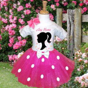All Sizes Personalized Custom Name Barbie Face Silhouette Hot Pink 3 Layer White Polka Dot Tutu Outfit Dress Set