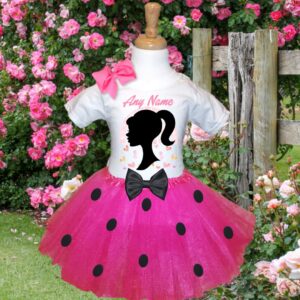 All Sizes Personalized Custom Name Barbie Face Silhouette Hot Pink 3 Layer Black Polka Dot Tutu Outfit Dress Set