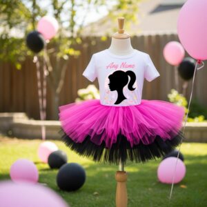 All Sizes Personalized Custom Name Barbie Face Silhouette Hot Pink Black Double Boutique Tutu Outfit Dress Set