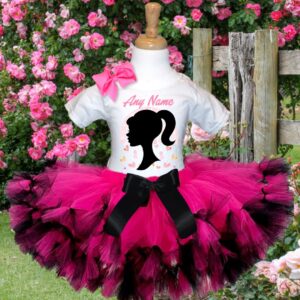 All Sizes Personalized Custom Name Barbie Face Silhouette Hot Pink Black Knots Petite Boutique Tutu Outfit Dress Set