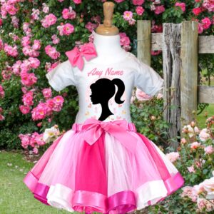 All Sizes Personalized Custom Name Barbie Face Silhouette Pink White Ribbon Tutu Outfit Dress Set
