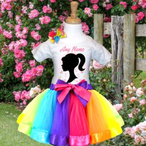 All Sizes Personalized Custom Name Barbie Face Silhouette Rainbow Ribbon Tutu Outfit Dress Set