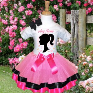 All Sizes Personalized Custom Name Barbie Face Silhouette Light Pink Black Hot Pink Double Ribbon Trim Tutu Outfit Dress Set