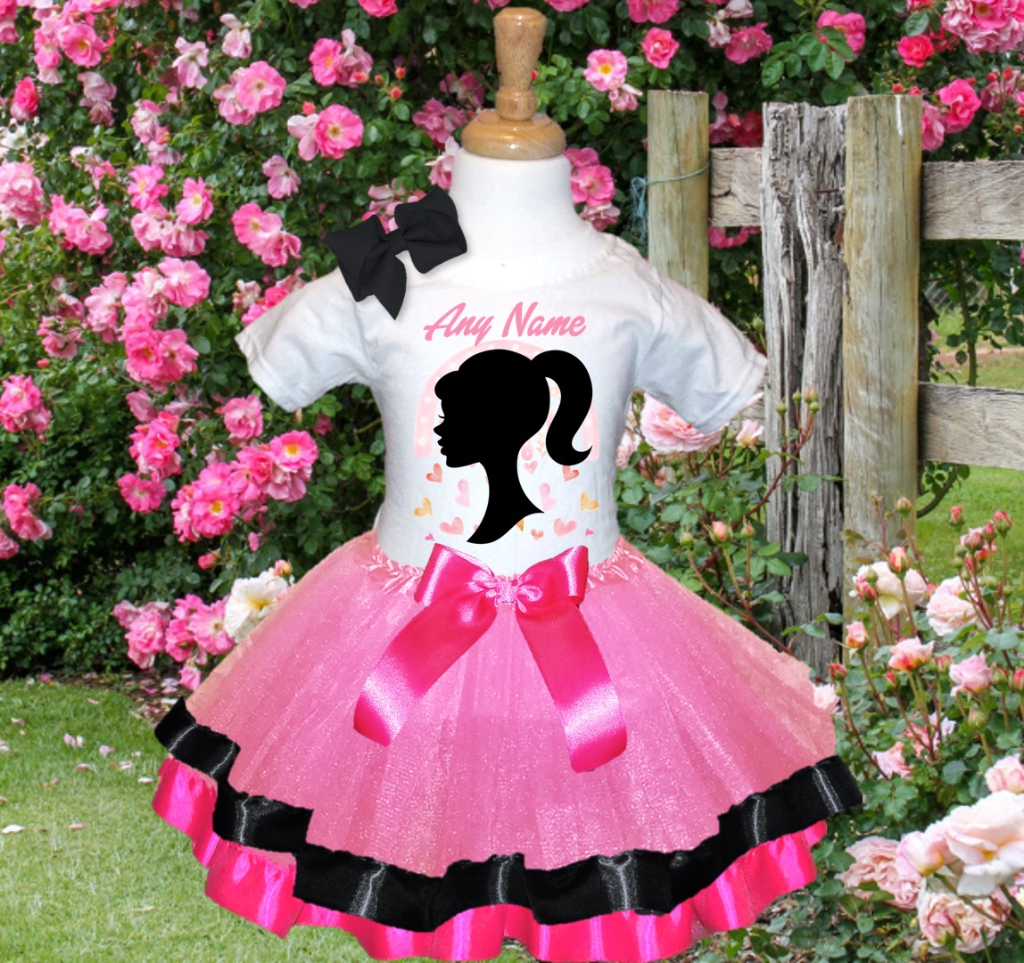 All Sizes Personalized Custom Name Barbie Face Silhouette Light Pink Black Hot Pink Double Ribbon Trim Tutu Outfit Dress Set