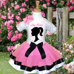 All Sizes Personalized Custom Name Barbie Face Silhouette Light Pink Black White Double Ribbon Trim Tutu Outfit Dress Set
