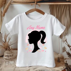All Sizes Personalized Custom Name Barbie Face Silhouette White T-Shirt or Onesie