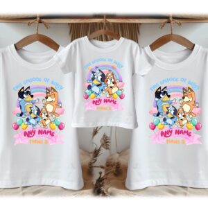 All Sizes Personalized Custom Birthday Bluey and Bingo Family White T-Shirts