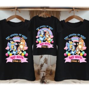 All Sizes Personalized Custom Birthday Bluey and Bingo Family Black T-Shirts