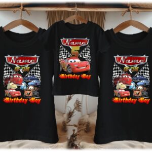 All Sizes Personalized Custom Birthday Cars Lightning McQueen Family Black T-Shirts