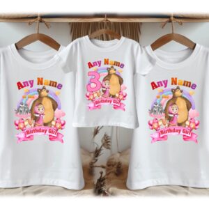 Personalized Custom Birthday Masha and the Bear Family White T-Shirts