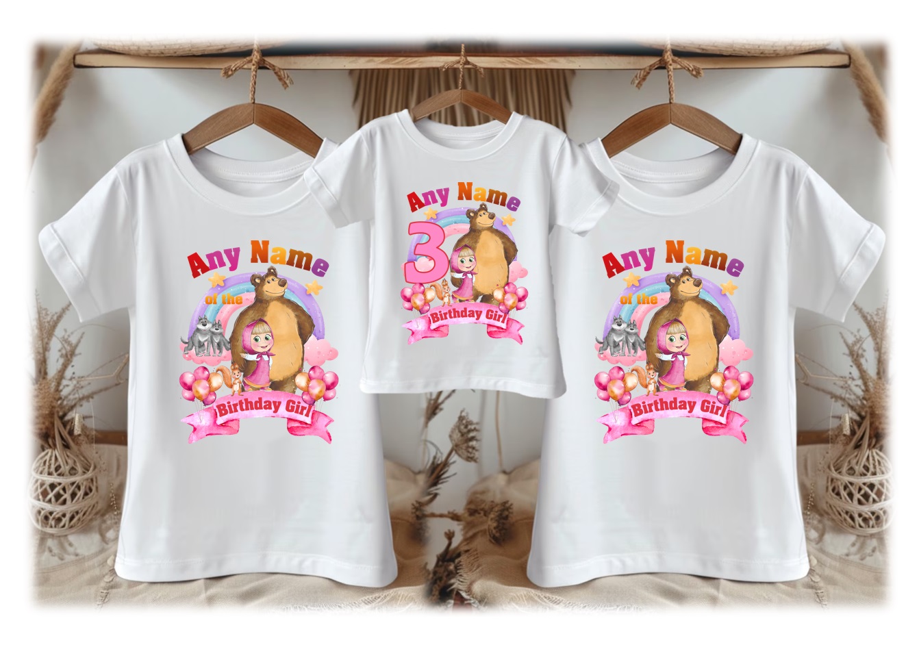 Personalized Custom Birthday Masha and the Bear Family White T-Shirts