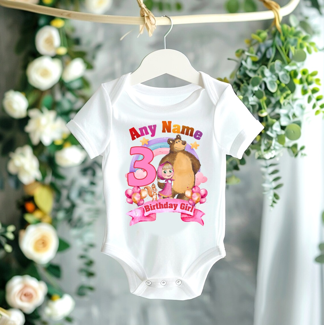 Personalized Custom Birthday Masha and the Bear Family White T-Shirts - Image 3