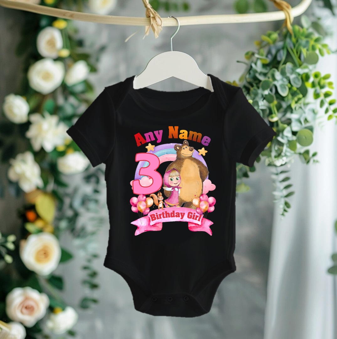 Personalized Custom Birthday Masha and the Bear Family Black T-Shirts - Image 3