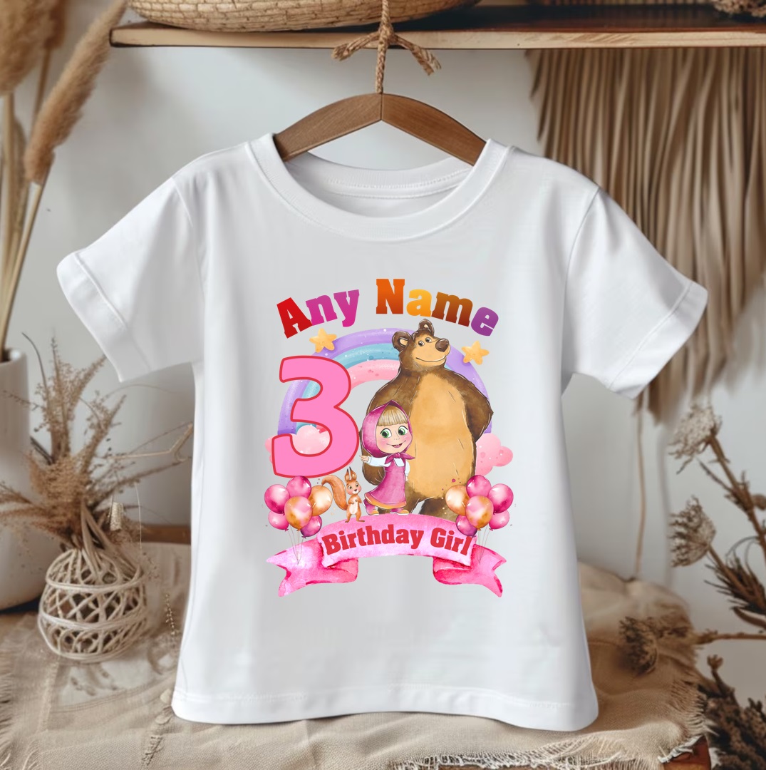 Personalized Custom Birthday Masha and the Bear Family White T-Shirts - Image 2