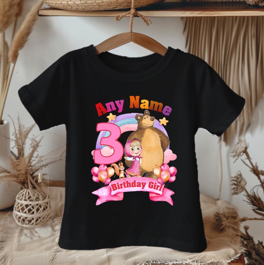 Personalized Custom Birthday Masha and the Bear Family Black T-Shirts - Image 2