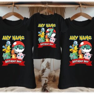 Personalized Custom Birthday Pokemon Group Family Black T-Shirts