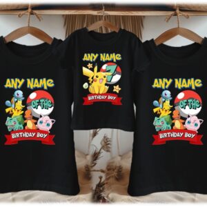 Personalized Custom Birthday Pokemon Pikachu Family Black T-Shirts