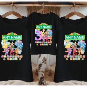 Personalized Custom Birthday Sesame Street Family Black T-Shirts
