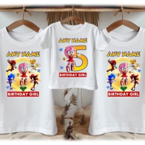 Personalized Custom Birthday Sonic the Hedgehog Movie Amy Rose Family White T-Shirts