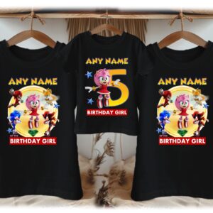 Personalized Custom Birthday Sonic the Hedgehog Movie Amy Rose Family Black T-Shirts