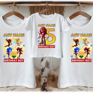 Personalized Custom Birthday Sonic the Hedgehog Movie Knuckles Family White T-Shirts