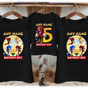 Personalized Custom Birthday Sonic the Hedgehog Movie Knuckles Family Black T-Shirts