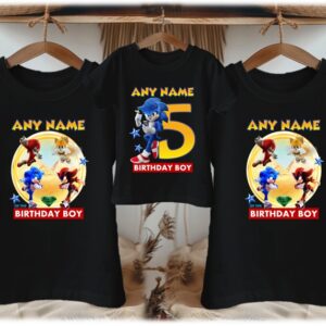 Personalized Custom Birthday Sonic the Hedgehog Movie Sonic Family Black T-Shirts