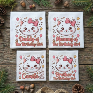 Personalized Custom Birthday Little White Kitty Cat Face Family White T-Shirts
