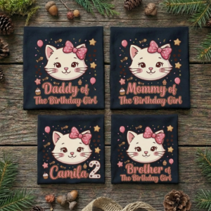 Personalized Custom Birthday Little White Kitty Cat Face Family Black T-Shirts