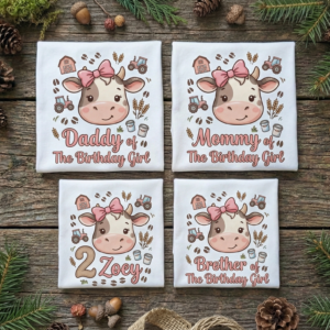 Personalized Custom Birthday Cute Cow Face Farm Animal Family White T-Shirts