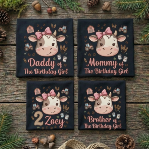 Personalized Custom Birthday Cute Cow Face Farm Animal Family Black T-Shirts