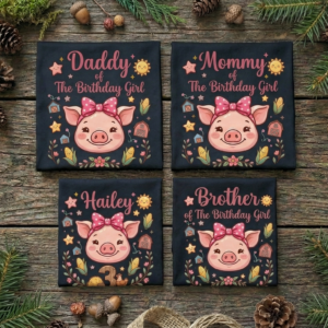 Personalized Custom Birthday Cute Pig Face Farm Animal Family Black T-Shirts