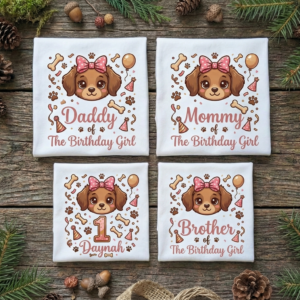 Personalized Custom Birthday Cute Brown Puppy Face Family White T-Shirts