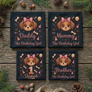 Personalized Custom Birthday Cute Brown Puppy Face Family Black T-Shirts