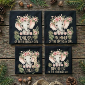 Personalized Custom Birthday Cute Elephant Safari Animal Family Black T-Shirts