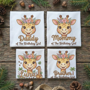 Personalized Custom Birthday Cute Giraffe Safari Animal Family White T-Shirts
