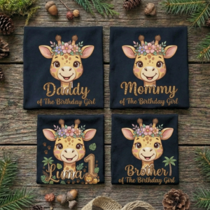 Personalized Custom Birthday Cute Giraffe Safari Animal Family Black T-Shirts