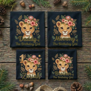 Personalized Custom Birthday Cute Lioness Cub Safari Animal Family Black T-Shirts